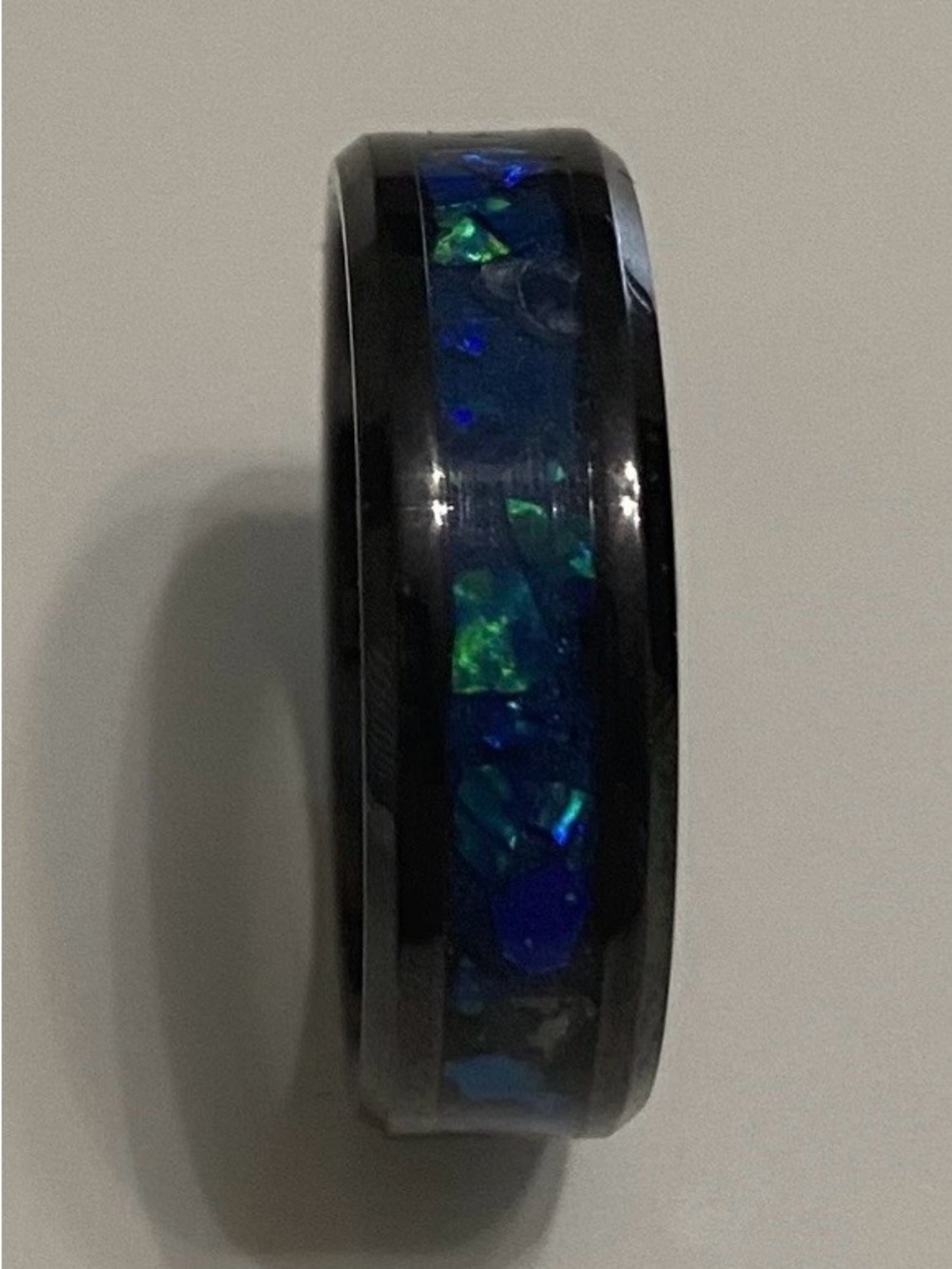 Sapphire Cobalt Blue Opal Inlay Black Ceramic Titanium Carbide Band  - Jewelry